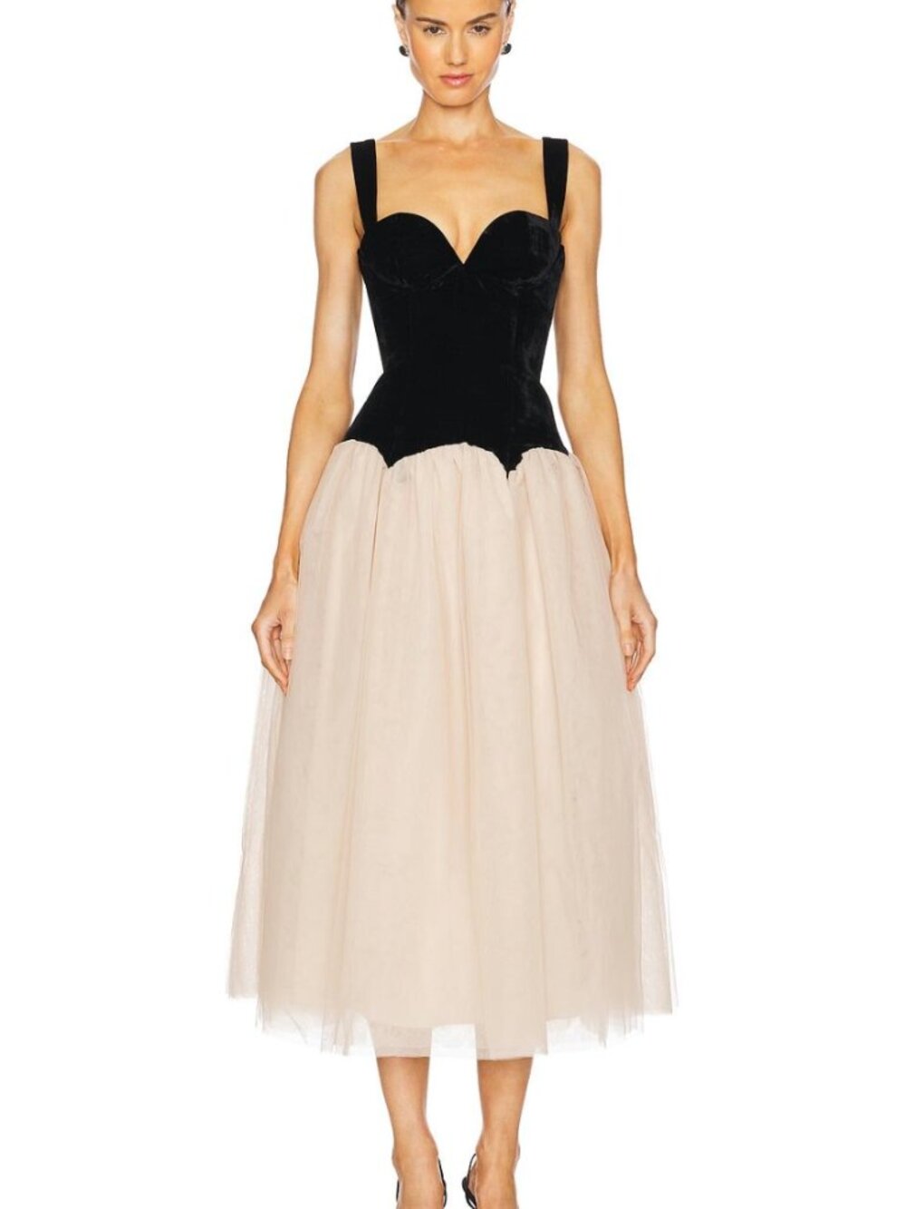 LPA Black Velvet Blush Pink Tulle Bustier Midi Dress XS